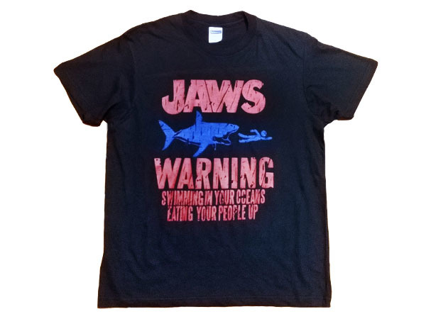 送込　Jaws　泳ぐな危険 !!　遊泳禁止　半袖Tシャツ　黒色　Lサイズ _画像1