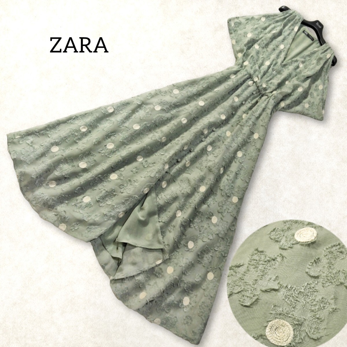 44 【ZARA】 ザラ 刺繍 ロングワンピース グリーン 緑 くすみ 44 【ZARA】 ザラ 刺繍 ロングワンピース グリーン 緑 くすみ