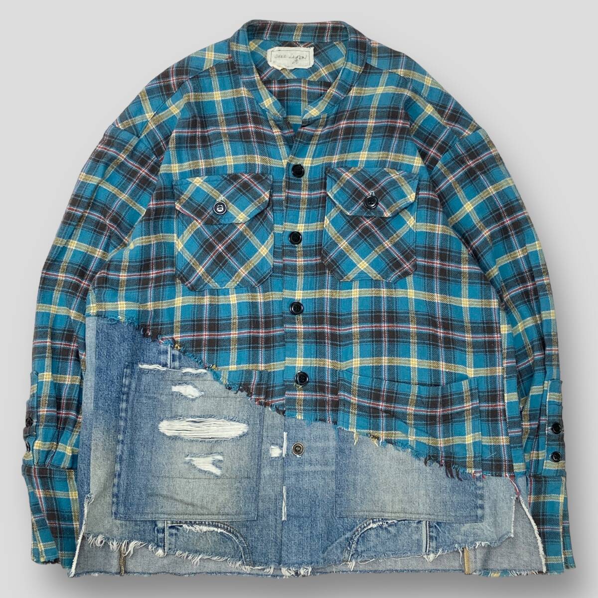 greg lauren チェックシャツ50/50 再構築デニム切替 greg lauren チェックシャツ50/50 再構築デニム切替