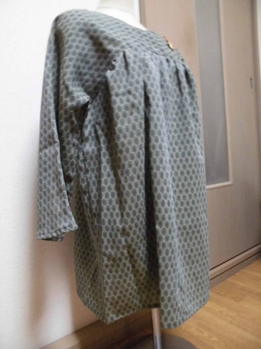 ハンドメイド着物リメイク・ワンピース　モスグリーン/和服　手作り　絹　シルク　レトロ　絣柄　アンティーク_画像5