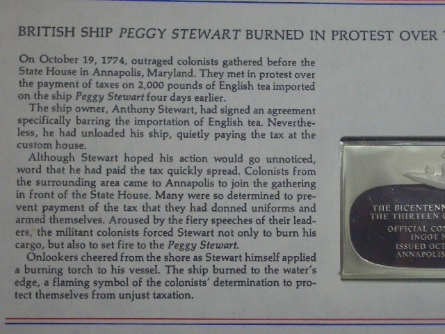The Bicentennial Council of the 13 Original States Silver Ingot &#34;British Ship Peggy Stewart Burned&#34; (Franklin Mint) (FM6F)