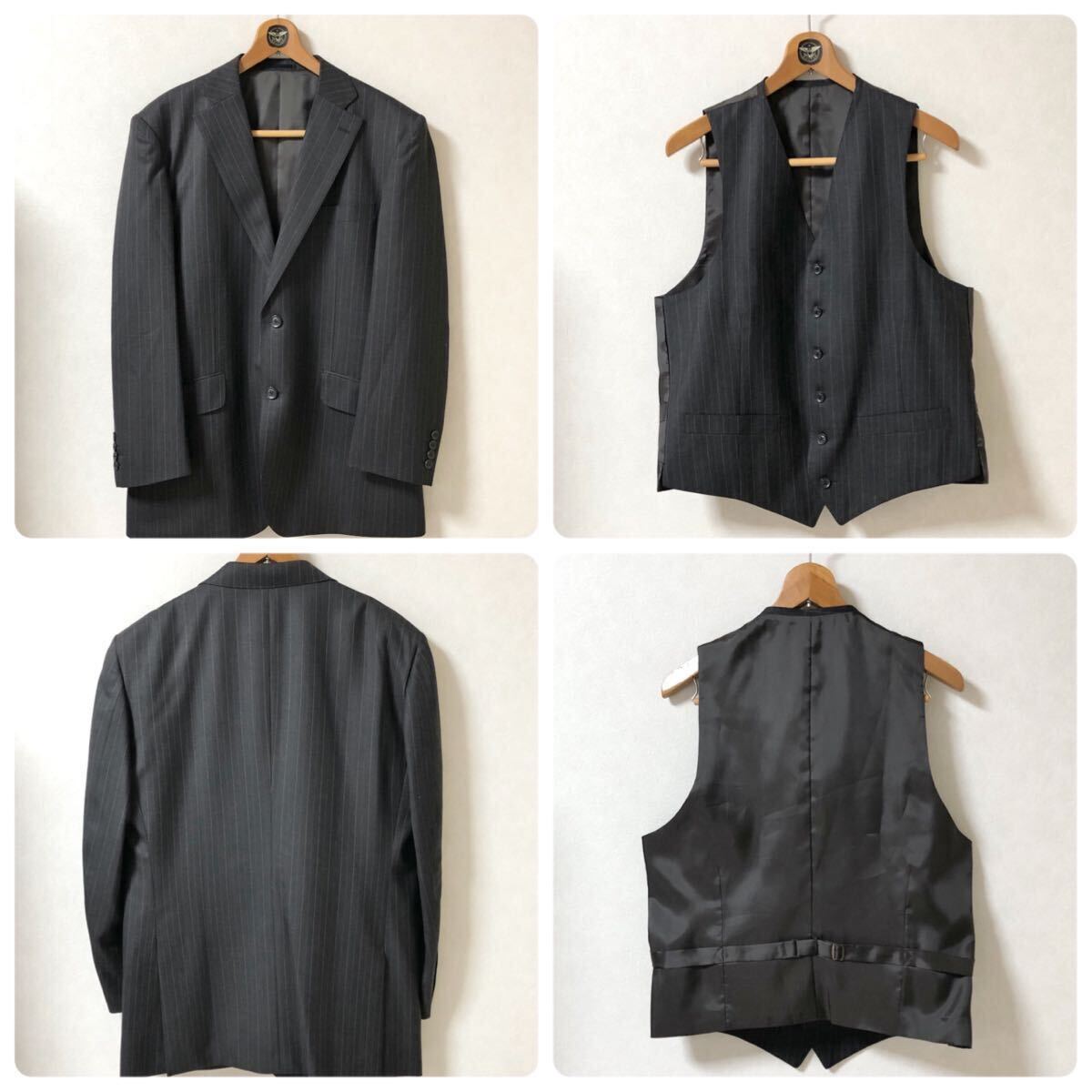 ■極美品■dunhill ORDERMADE ダンヒル スリーピーススーツ 日本製 シングル2つボタン 総裏 ブラック ストライプ マッチョ向け ■極美品■dunhill ORDERMADE ダンヒル スリーピーススーツ 日本製 シングル2つボタン 総裏 ブラック ストライプ マッチョ向け
