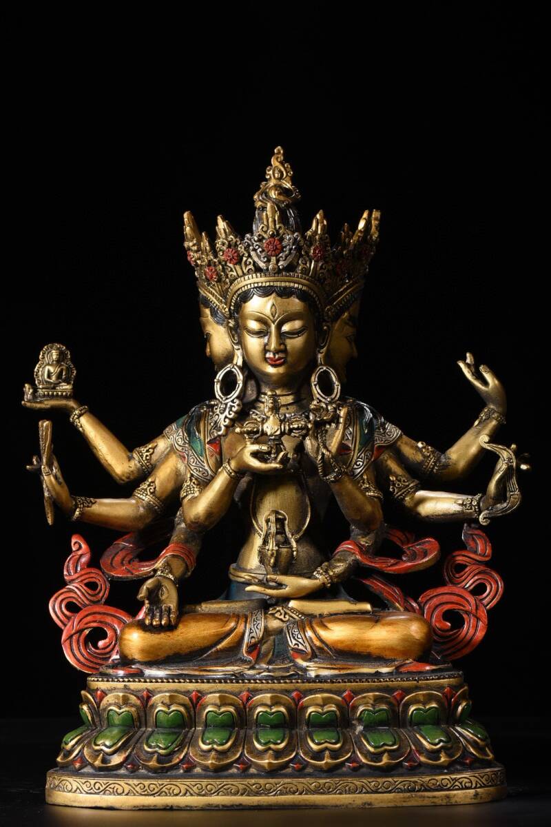 蔵友旧蔵出 銅製 彩繪 描金 三面八臂尊勝仏母像 貴重 蔵友旧蔵出 銅製 彩繪 描金 三面八臂尊勝仏母像 貴重