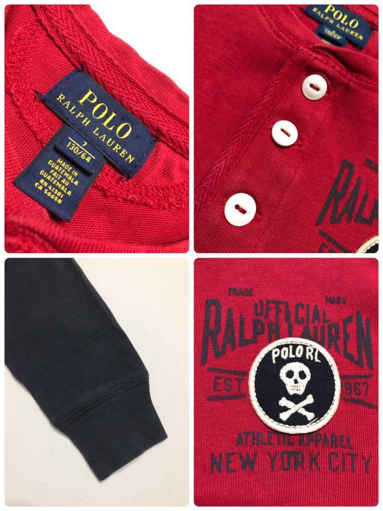 【美品】 Polo Ralph Lauren ポロ ラルフローレン ヘンリーネック スカル Tシャツ トップス KIDS キッズ サイズ7 長袖 130/64 赤黒_画像5