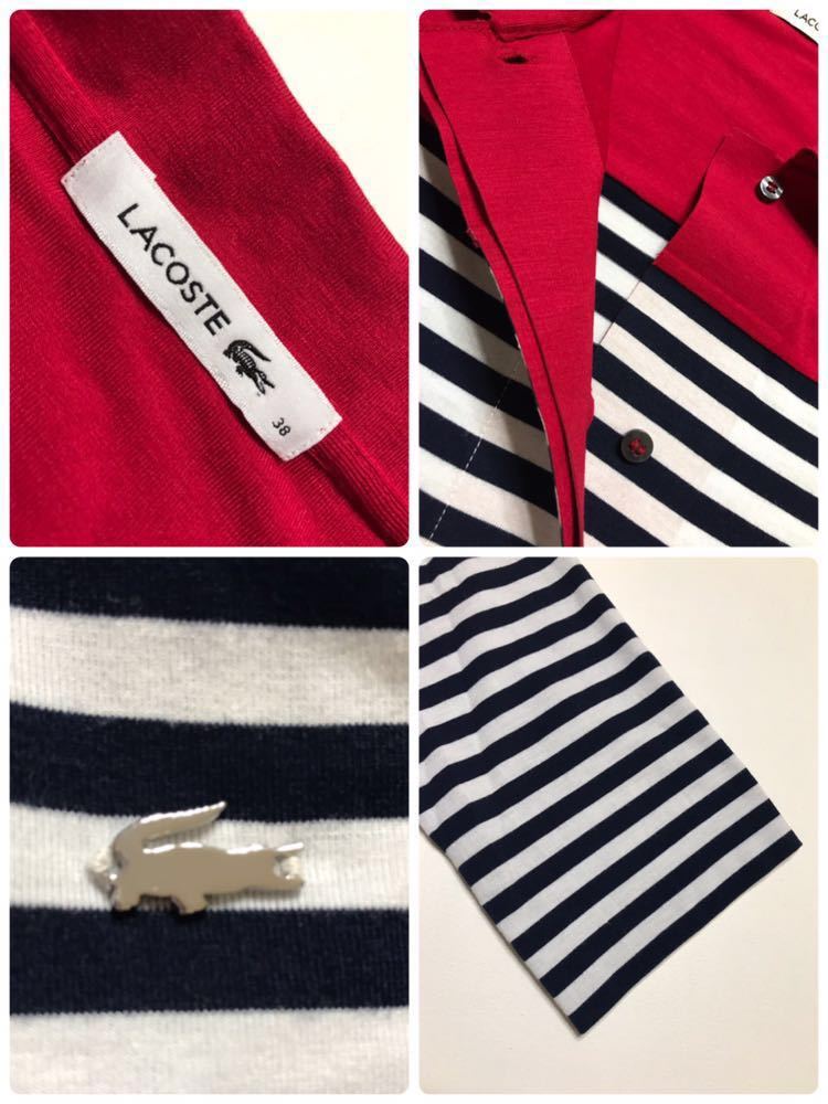 【美品】 LACOSTE ラコステ レディース ボーダー シャツ トップス サイズ38 165/80A 七分袖 レッド ネイビー ホワイト ファブリカ DF3724_画像5