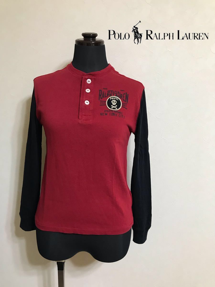 【美品】 Polo Ralph Lauren ポロ ラルフローレン ヘンリーネック スカル Tシャツ トップス KIDS キッズ サイズ7 長袖 130/64 赤黒_画像1