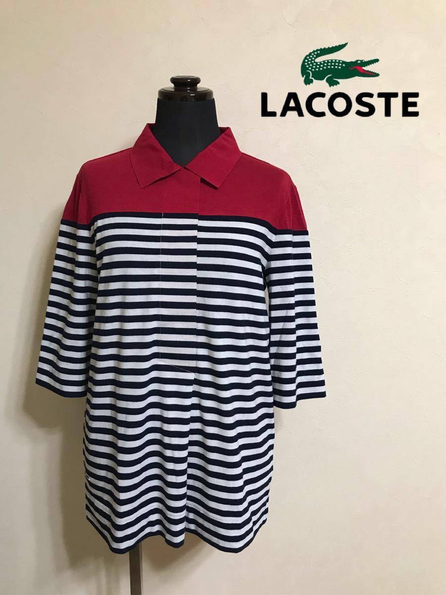 【美品】 LACOSTE ラコステ レディース ボーダー シャツ トップス サイズ38 165/80A 七分袖 レッド ネイビー ホワイト ファブリカ DF3724_画像1