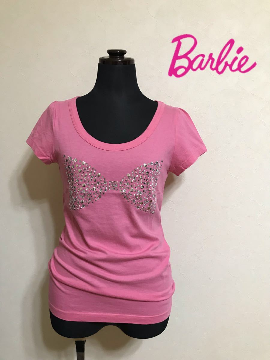 Barbie バービー ラインストーン カットソー Tシャツ トップス サイズM 半袖 ピンク 日本製_画像1