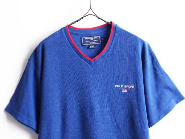 90s 00s ■ ラルフローレン ポロスポーツ POLO SPORT Vネック リブライン サーマル 半袖 Tシャツ ( 男性 メンズ L ) 古着 星条旗 ワッフル_画像2