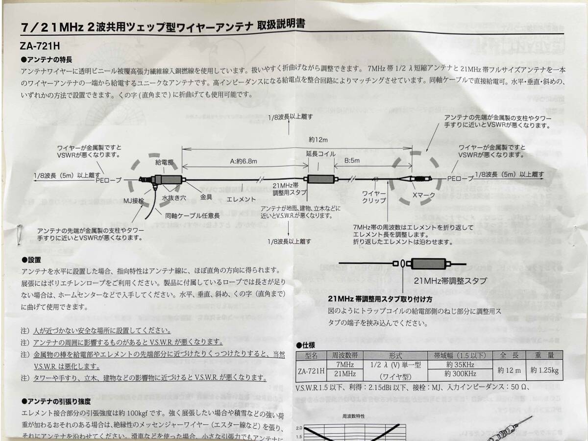 サガ電子 ZA-721H 7/ 21Mhz 2波共用ツェップ型ワイヤーアンテナ サガ電子 ZA-721H 7/ 21Mhz 2波共用ツェップ型ワイヤーアンテナ