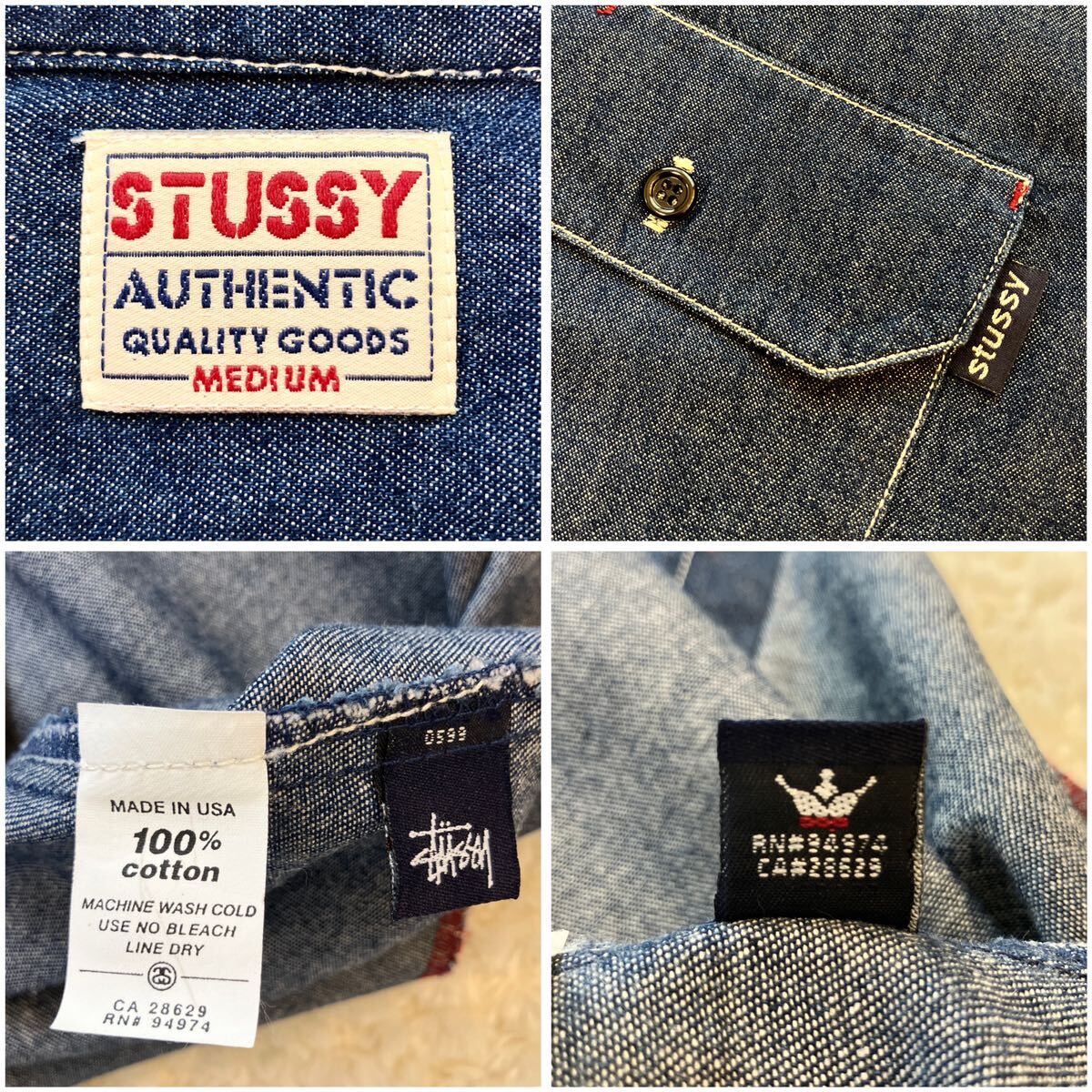 美品濃紺 90s USA製 OLD STUSSY デニムシャツ 半袖 ML オールド 美品濃紺 90s USA製 OLD STUSSY デニムシャツ 半袖 ML オールド