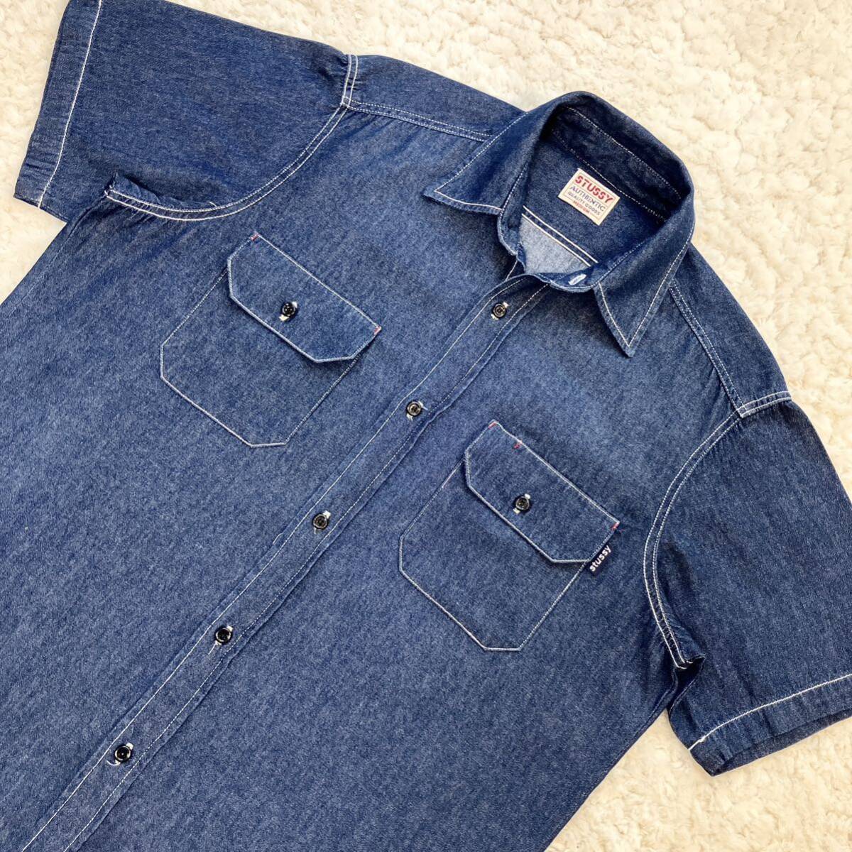 美品濃紺 90s USA製 OLD STUSSY デニムシャツ 半袖 ML オールド 美品濃紺 90s USA製 OLD STUSSY デニムシャツ 半袖 ML オールド