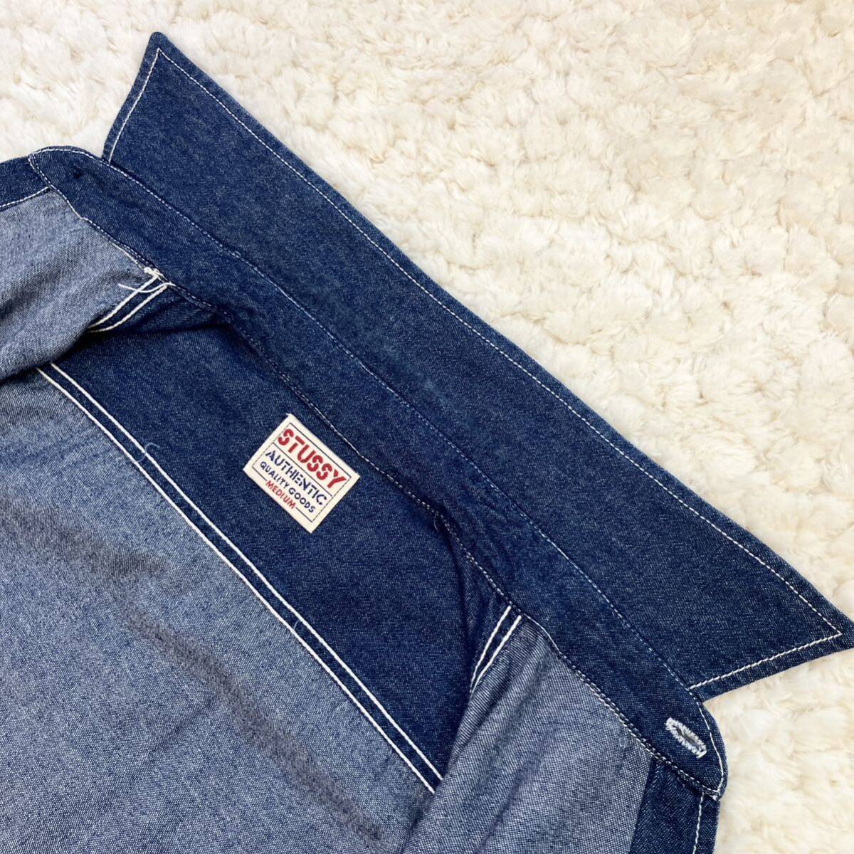 美品濃紺 90s USA製 OLD STUSSY デニムシャツ 半袖 ML オールド 美品濃紺 90s USA製 OLD STUSSY デニムシャツ 半袖 ML オールド