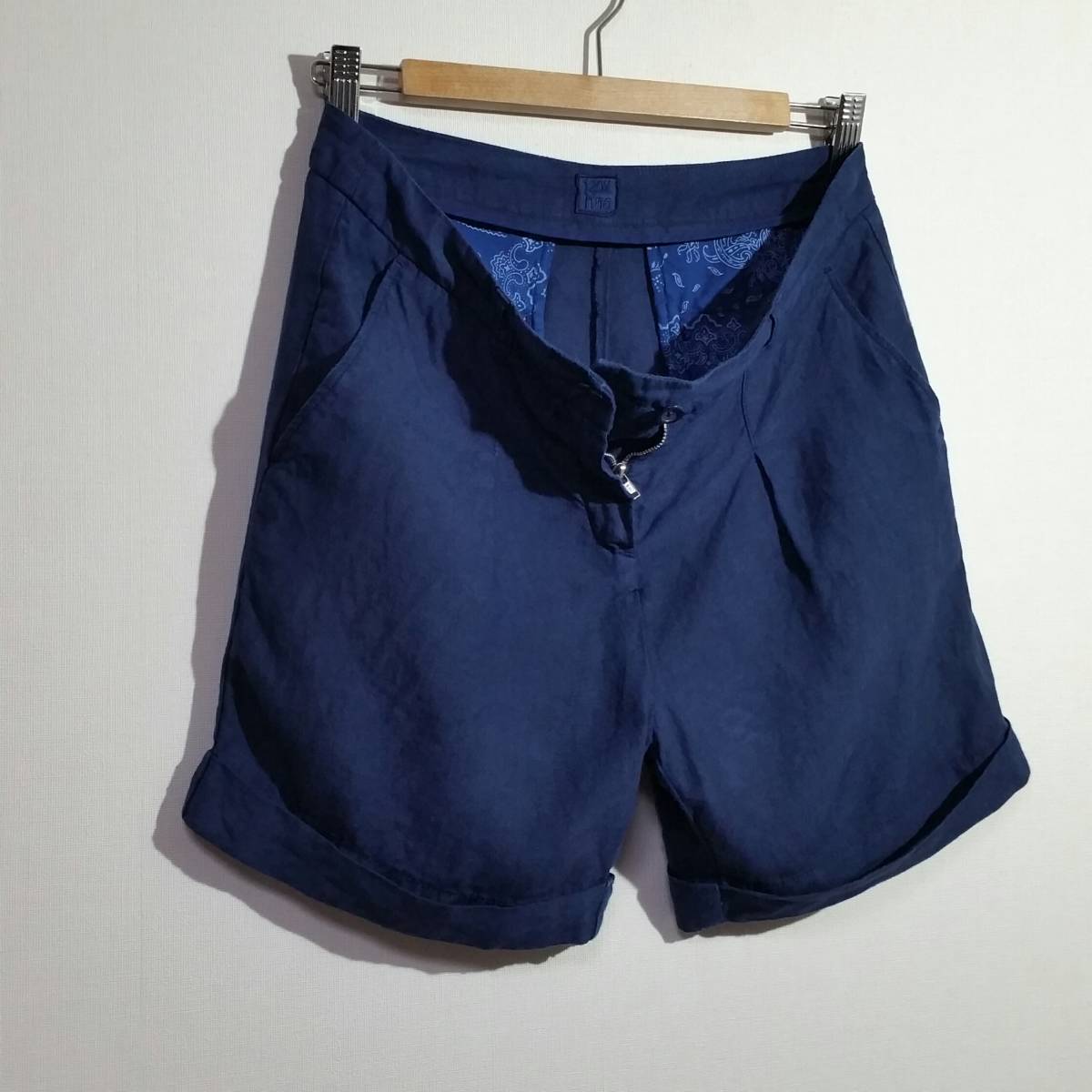 m-do exist navy linen Cross! Italy made 120%lino flax 100% 1 tuck entering shorts short pants lady's 40