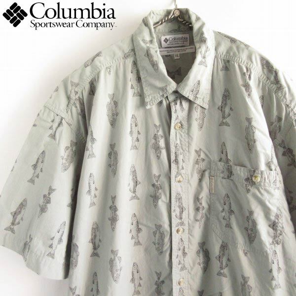 90s Columbia コロンビア 魚 総柄 半袖シャツ XXL コットン ビッグサイズ 釣り フィッシング D147-04-0023ZV