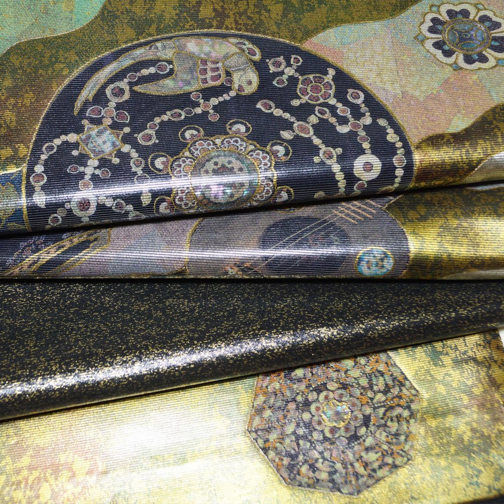 袋帯 未使用品 螺鈿細工 鏡裏に華文、楽器模様 螺鈿 金糸 お太鼓 袋帯 未使用品 螺鈿細工 鏡裏に華文、楽器模様 螺鈿 金糸 お太鼓