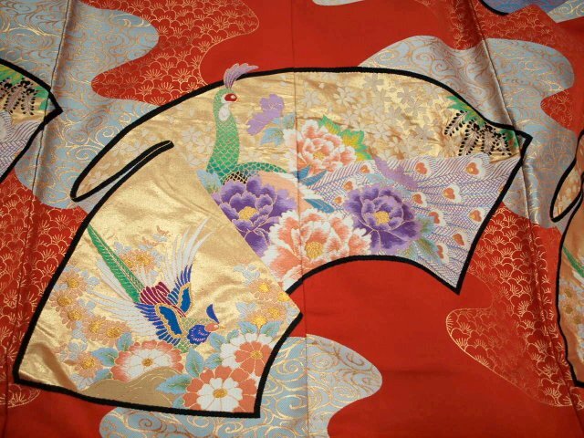 婚礼 色打掛 0436 和装 花嫁衣装 赤 鳳凰・扇面に花(中古) 婚礼 色打掛 0436 和装 花嫁衣装 赤 鳳凰・扇面に花(中古)