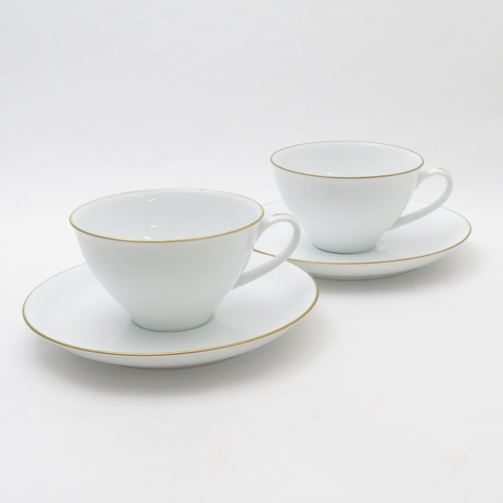 美品 OKURA 大倉陶園 ゴールドライン カップ&ソーサー 2客 ペア コーヒー ティー クープシェープ 白磁 SO1385H