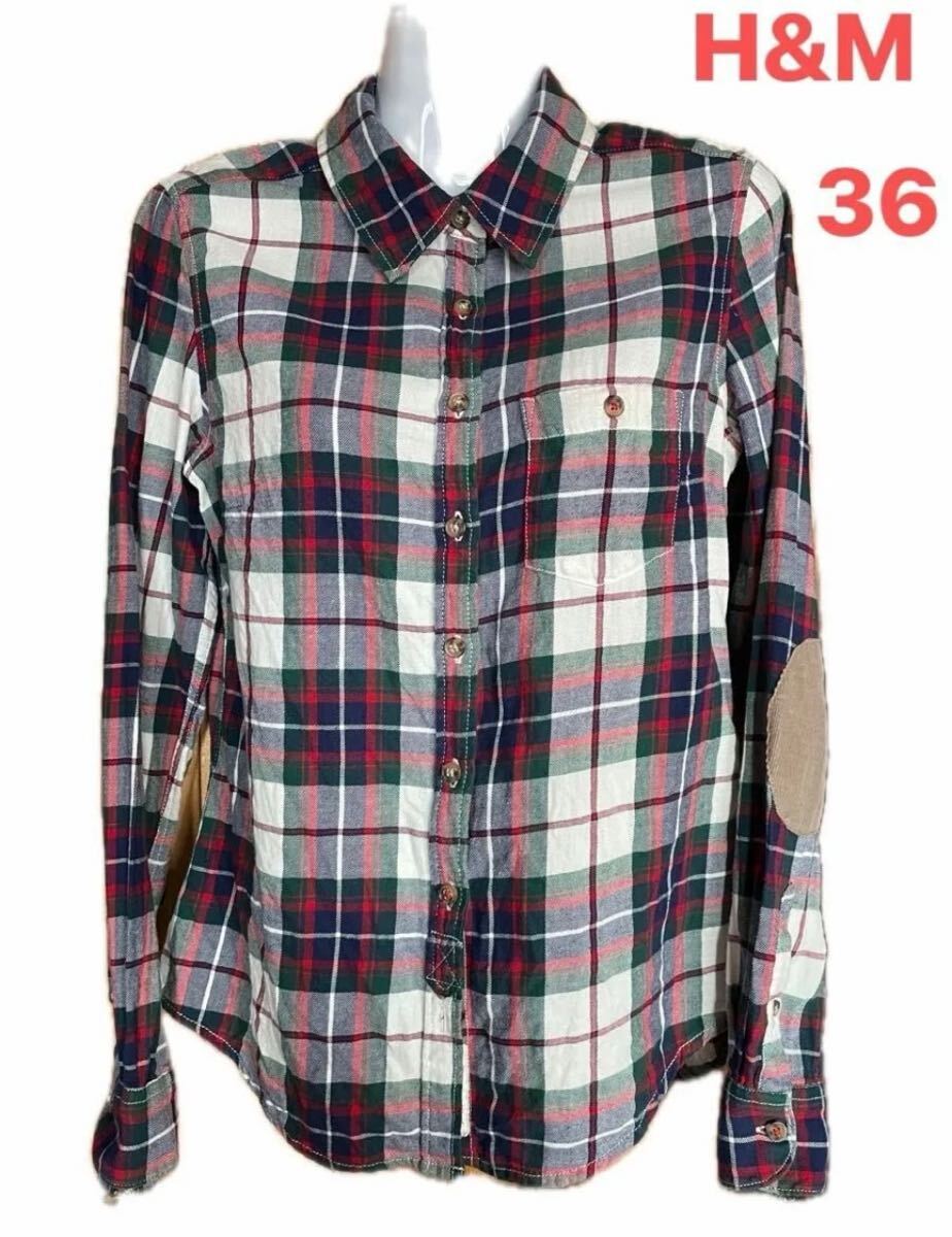 H&M L.O.G.G レディース チェック柄 長(zhǎng)袖シャツ　肘パッチ付　グリーンブルー　36