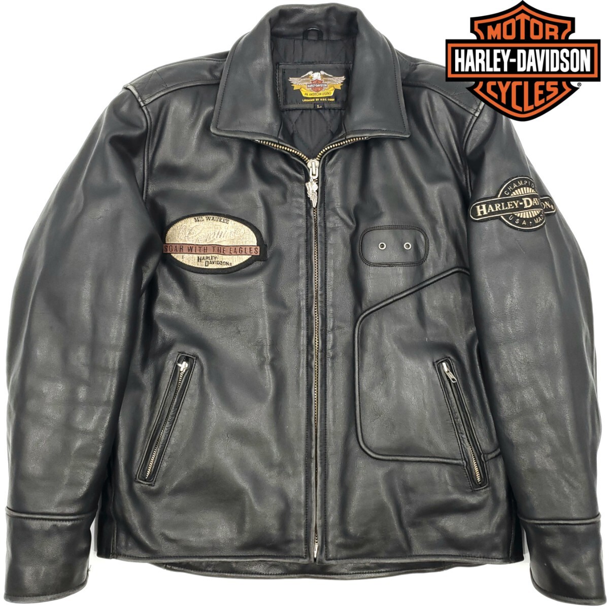 肉厚牛革 HARLEY-DAVIDSON レザーライダースジャケット黒メンズL 肉厚牛革 HARLEY-DAVIDSON レザーライダースジャケット黒メンズL