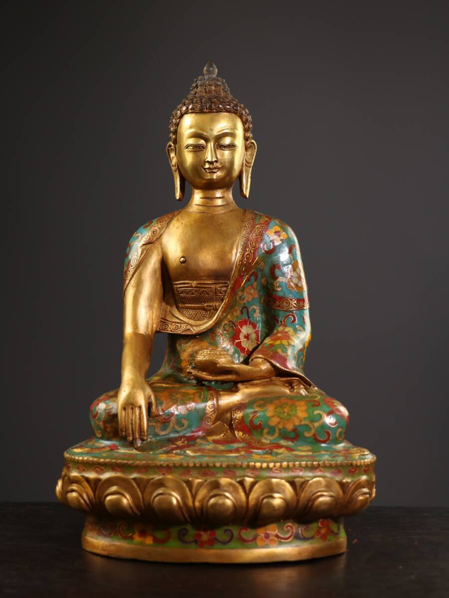 旧蔵 明 永樂年制 純銅 景泰藍【釋迦牟尼仏】仏像 つねる絲琺瑯 旧蔵 明 永樂年制 純銅 景泰藍【釋迦牟尼仏】仏像 つねる絲琺瑯