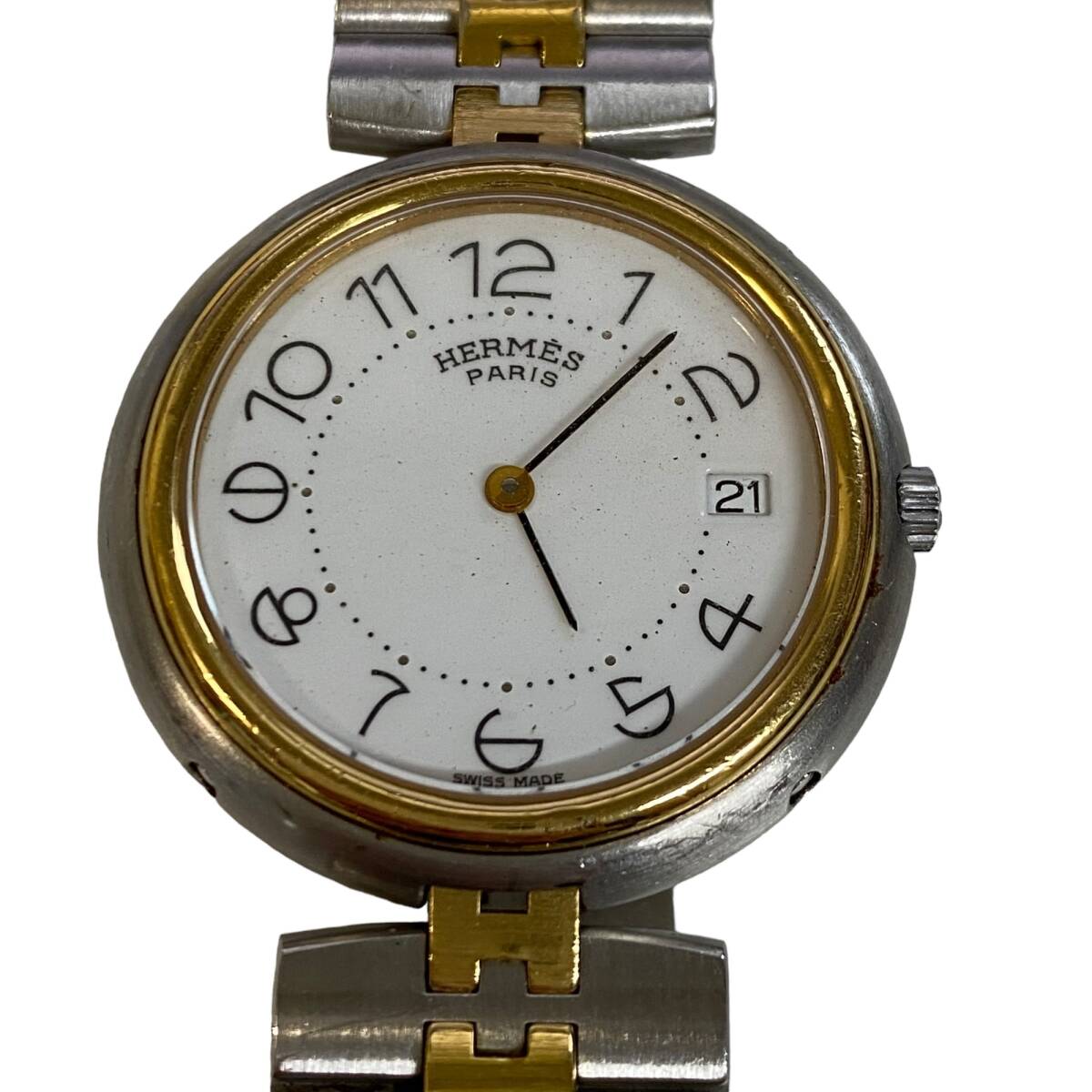 【中古品】Herms エルメス プロフィール クオーツ デイト メンズ レディース腕時(shí)計(jì) 文字盤ホワイト 箱無し 本體のみ L71345RD