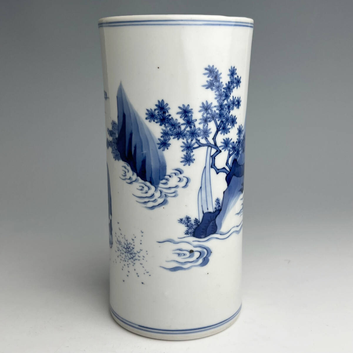花]青花人物文 筆筒 大清康熙年製 中国古玩 中国美術 旧家蔵出