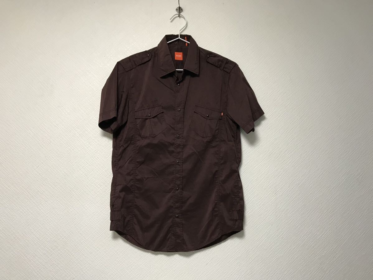 本物ヒューゴボスHUGOBOSSコットンナイロン光沢ドレス半袖シャツメンズサーフアメカジビジネスモードスーツストリート茶ブラウンS
