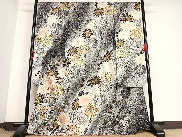 平和屋-こころ店■極上　写真家・秋山庄太郎　振袖　花蝶文　たたき染め　金彩　正絹　逸品　AAAI6830Bzg