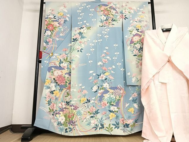 平和屋-こころ店■豪華振袖　長襦袢セット(袷)　友禅　草花文　暈し染め　正絹　逸品　AAAJ0217Bzg