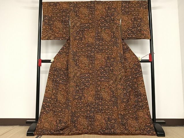 平和屋-こころ店■上質な小紋　更紗花文　鬼しぼ縮緬　ロング丈　正絹　逸品　AAAJ4390Bnp