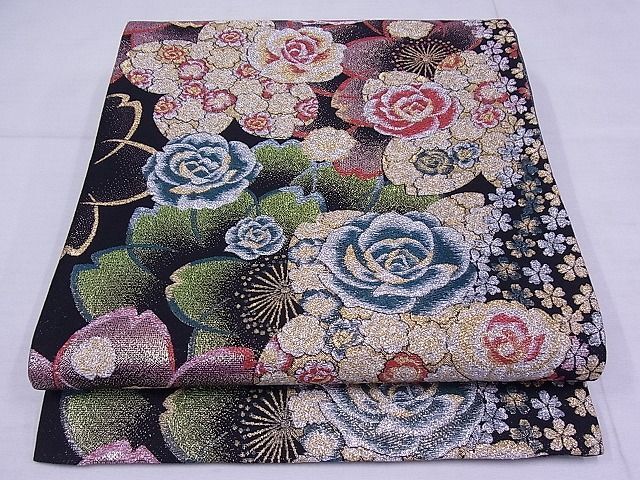 平和屋-こころ店■六通柄袋帯　桜　薔薇　黒地　金銀糸　正絹　逸品　AAAI0824Awj