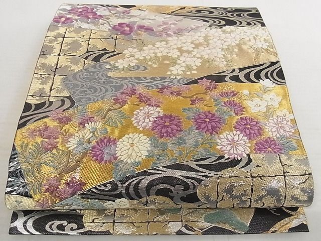 平和屋-こころ店■京の名門　じゅらく謹製　帝王紫　六通柄袋帯　唐織　地紙草花文　黒地　金銀糸　正絹　逸品　AAAI4277Aaz