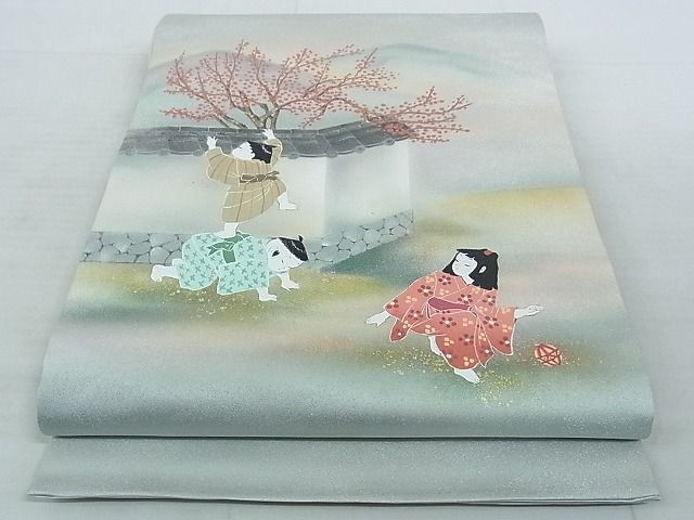 平和屋-こころ店◎太鼓柄袋帯　手描き　童子遊び　金銀彩　銀通し地　正絹　逸品　AAAI8366Ajz