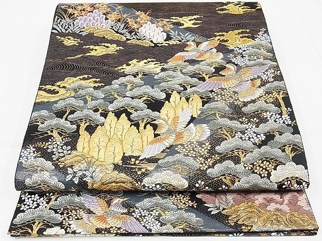 平和屋-こころ店◎六通柄袋帯　唐織　波地青松文　黒地　金糸　正絹　逸品　AAAI1495Aex