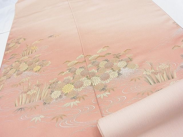 平和屋野田店■付下げ　反物　着尺　流水草花文　金銀彩　逸品　未使用　BAAH1160ns