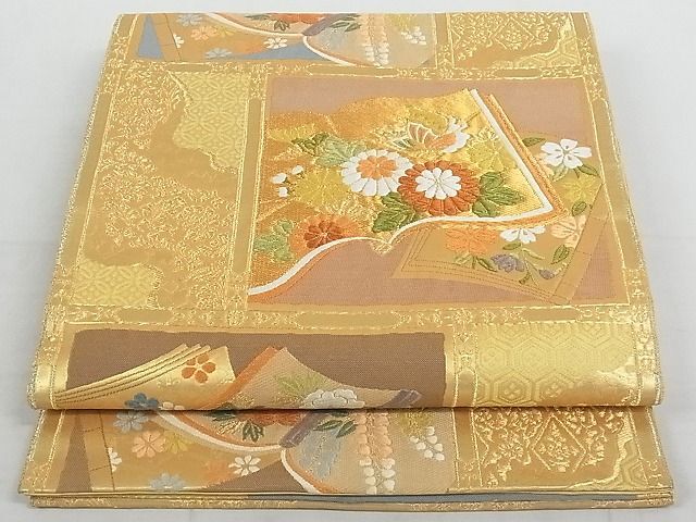 平和屋-こころ店◎六通柄袋帯　唐織　冊子花蝶文　金糸　引箔　正絹　逸品　AAAI1349Ast