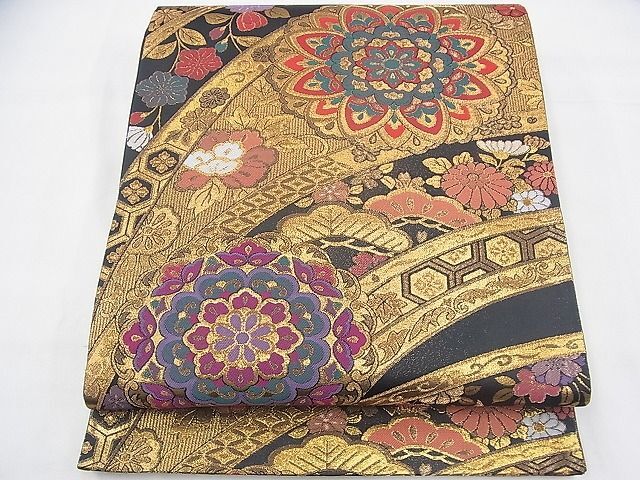 平和屋野田店◎六通柄袋帯　正倉院花文　黒地　金糸　逸品　BAAH5813fk