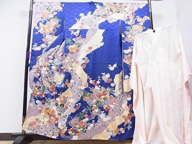 平和屋1■豪華振袖・長襦袢セット　駒刺繍　道長草花文　金彩　逸品　CAAF5139hy