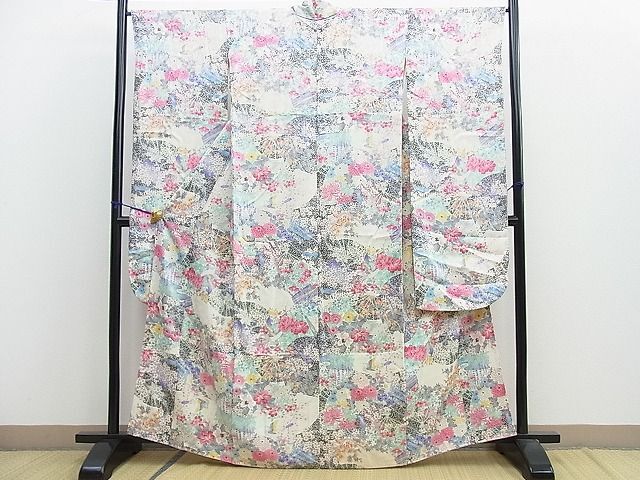 平和屋野田店■豪華振袖　扇面花鳥文　たたき染め　逸品　BAAG8317pk