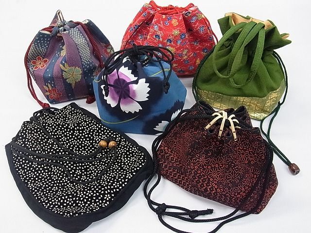 平和屋1■和装小物　和装バッグ　巾着まとめて６点　印伝調　縮緬　花　寄せ小紋柄　浴衣　逸品　未使用　CAAF1874ju