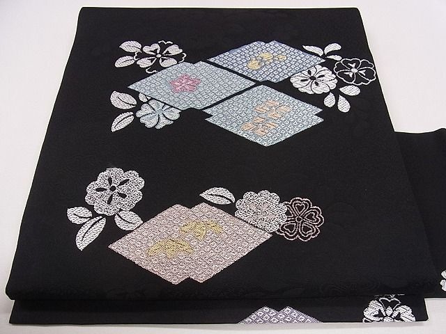 平和屋1◎九寸名古屋帯　菱草花文　黒地　逸品　CAAG1851eg