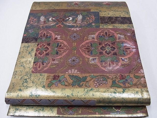 平和屋1■六通太鼓柄袋帯　螺鈿箔　色紙重ね向かい鳥花文　金彩　逸品　CAAF5111hy