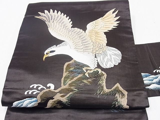 平和屋1■アンティーク　大正ロマン　九寸名古屋帯　総刺繍　鷹　逸品　CAAF5033hy