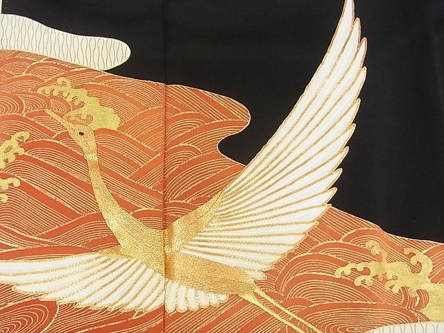  flat peace shop 2# gorgeous kurotomesode piece embroidery . water . wave . crane writing gold paint excellent article DAAF0948ya