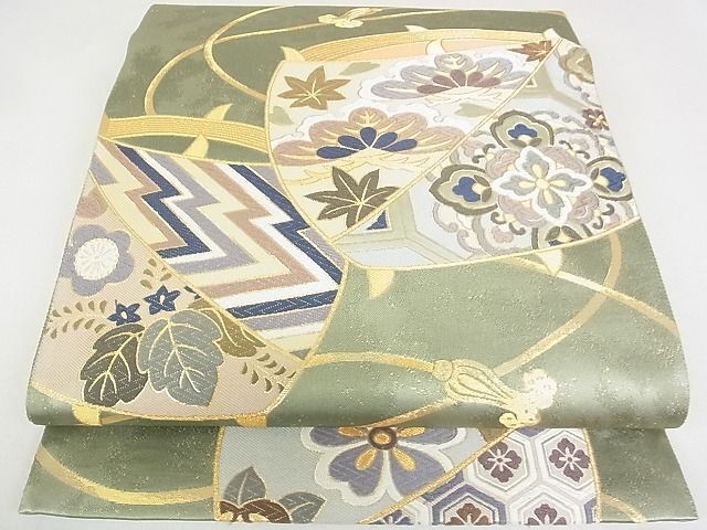 平和屋2■六通柄袋帯　唐織　織寶　糸巻花文　金糸　逸品　未使用　DAAF8923sa