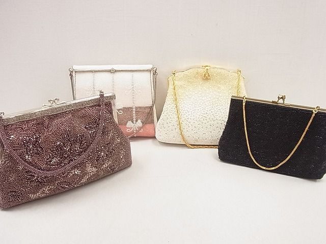 平和屋2■和装小物　和装バッグ　ビーズバッグまとめて4点　草花　青海波　リボン　がま口　持ち手付き　レトロ　逸品　DAAF9566zzz