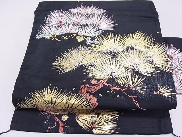平和屋2◎アンティーク　大正ロマン　九寸名古屋帯　松文　黒地　金糸　逸品　DAAG0339ox