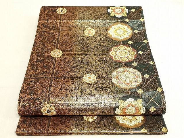 平和屋-こころ店◎六通柄袋帯　飾花文　金糸　正絹　逸品　AAAJ4550Apf
