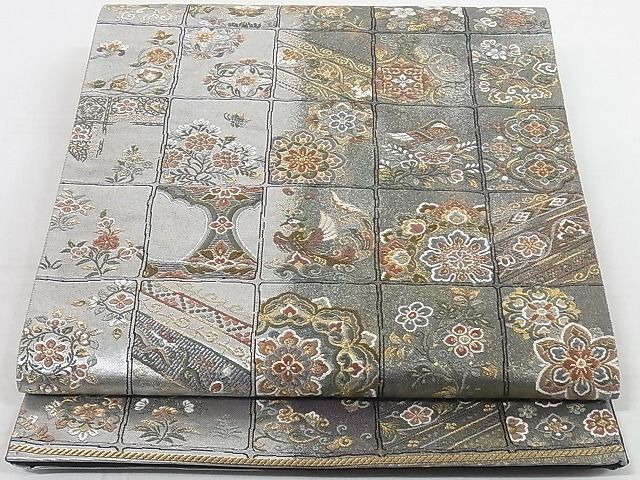 平和屋-こころ店◎六通柄袋帯　格子花鳥文　金糸　引箔　正絹　逸品　AAAG5258Abw